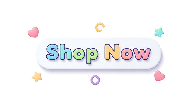A colorful Shop Now button with pastel stars and hearts on a white background