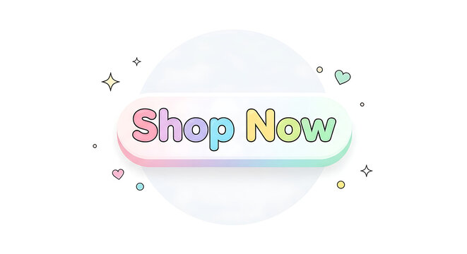 A colorful Shop Now button with pastel rainbow text and decorative icons on a white background