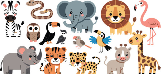 Set of cute savannah animals in simple children flat style featuring rhinoceros, lemur, lion, flamingo, zebra and exotic wildlife characters © Mst