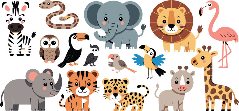 Set of cute savannah animals in simple children flat style featuring rhinoceros, lemur, lion, flamingo, zebra and exotic wildlife characters