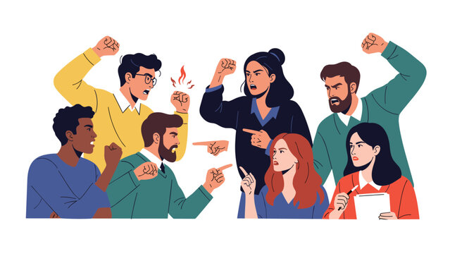 Diverse group of people shouting and pointing fingers at each other in a heated conflict disagreement or argument situation.