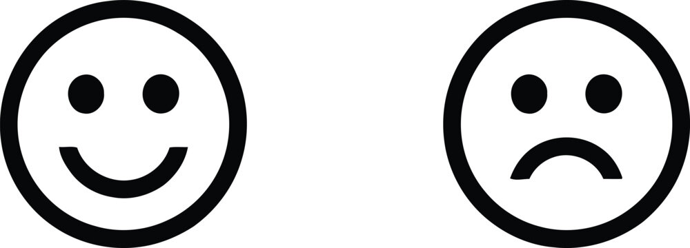 Two circular emoticons showing contrasting happy and sad facial expressions for digital communication and sentiment analysis