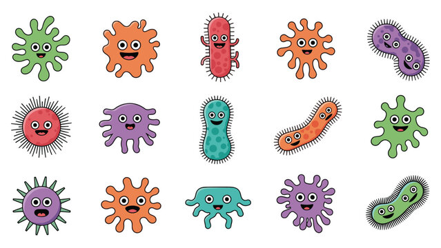Set of colorful cartoon microorganisms featuring friendly looking virus and bacteria characters with faces.