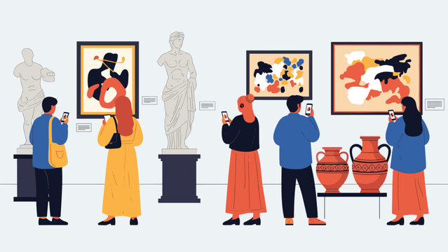 Diverse visitors exploring an art gallery and taking photos of paintings and statues with their smartphones in a modern museum exhibition setting.