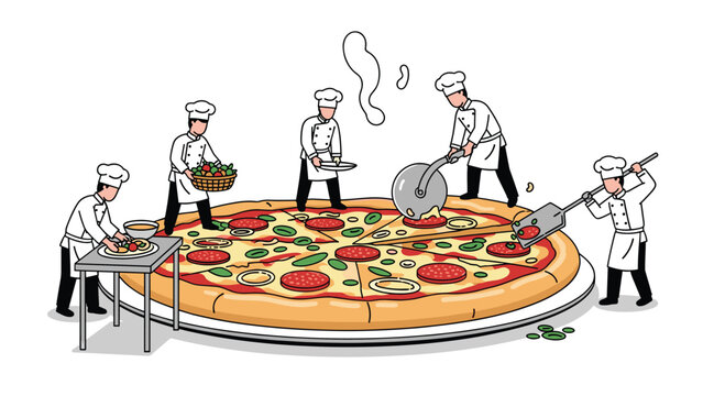 Whimsical illustration of small chefs working together to prepare and cut a massive giant pizza with many delicious toppings in a creative concept.