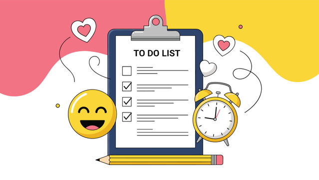 To do list on a blue clipboard surrounded by a happy yellow smiley face emoji alarm clock pencil and heart icons.