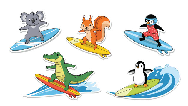 Collection of fun animal stickers featuring a koala squirrel penguin and crocodile surfing on colorful boards.