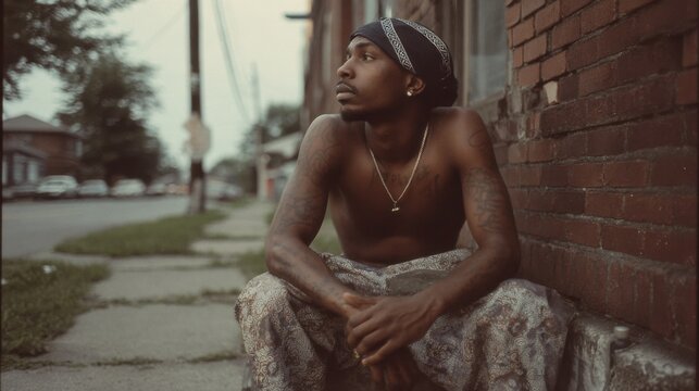 1996 Cleveland, Ohio. A cinematic color photograph of 23 year old rapper on the streets posted up and contemplating life
