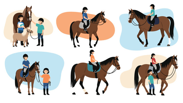 Various illustrations show children and adults enjoying horse riding activities, from leading a pony to trotting and walking on a brown horse.