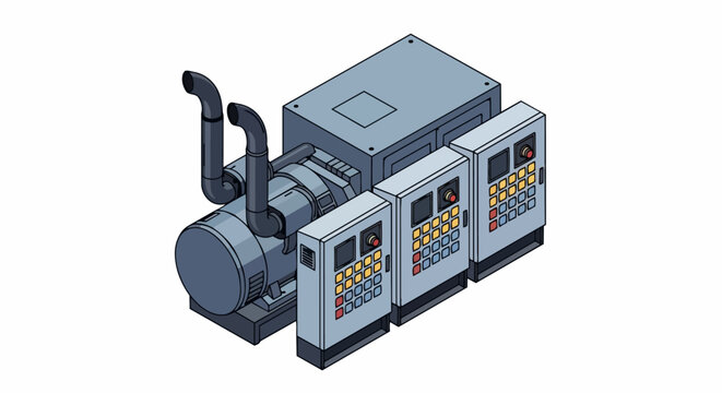 Isometric Industrial Generator and Machinery with Control Panels and Exhaust Pipes