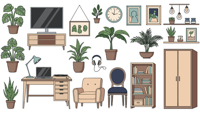 Extensive collection of various home furniture and interior decor items including a sofa, desk, shelving, plants, and electronics for room design.