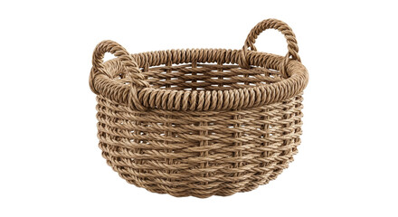 Obraz premium Empty Round Woven Wicker Basket with Handles on White Background. PNG Transparent Background