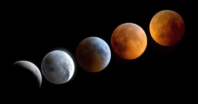 Progression of a Lunar Eclipse Showing Earths Shadow on the Moon.