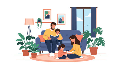 Fototapeta premium Happy family of four enjoys quality time in a cozy living room, with a father reading to his son while the mother plays with her young daughter.