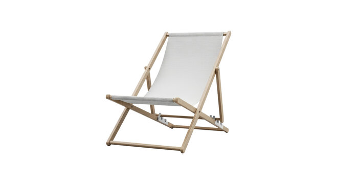 Minimalist wooden deck chair with light gray fabric seat isolated on white background. PNG Transparent Background