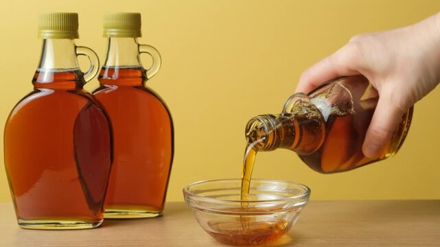 Hand pouring maple syrup slow motion
