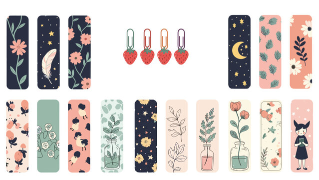 Assorted collection of decorative bookmarks with floral patterns and strawberry shaped paper clips for book lovers.