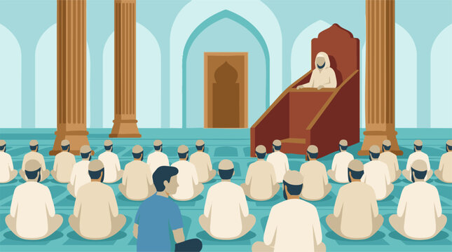 Muslim men attending a religious sermon led by an Imam in a mosque