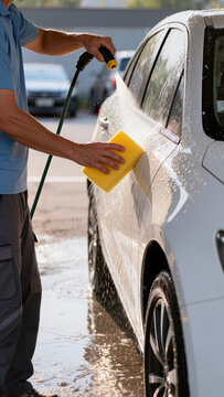 man washing car,
Soap suds cover the vehicle,
The man is scrubbing the surface,
White foam covers the headlights,
Detailed car care is performed,
The man works with his hands,
The car shines 