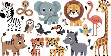 Set of cute savannah animals in simple children flat style featuring rhinoceros, lemur, lion, flamingo, zebra and exotic wildlife characters © Mst