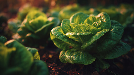 Fototapeta premium Fresh green lettuce leaves growing in garden with natural light and soft background, healthy organic food concept for farming, nutrition and eco lifestyle design