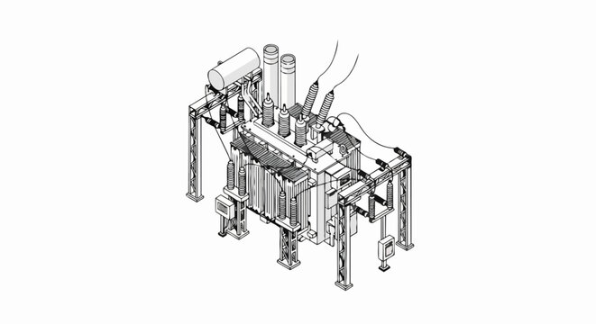 Isometric Line Art Illustration of a High Voltage Industrial Power Transformer and Electrical Substation Component
