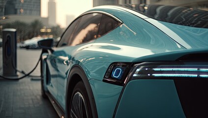 Naklejka premium Sleek Teal Electric Car Charging at a Modern Station.