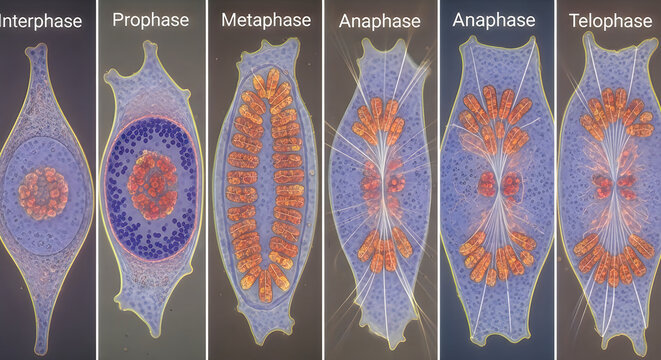 Microscopic cell division stages, biological cell mitosis process, educational science illustration