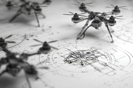 Drone Prototypes and Blueprints on a Table.