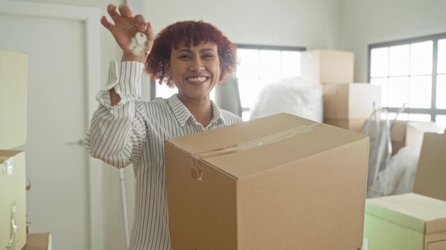 Woman holds keys up with smiling hand near face while standing behind a taped moving box inside a new building with stacked boxes and windows; homeownership joy.