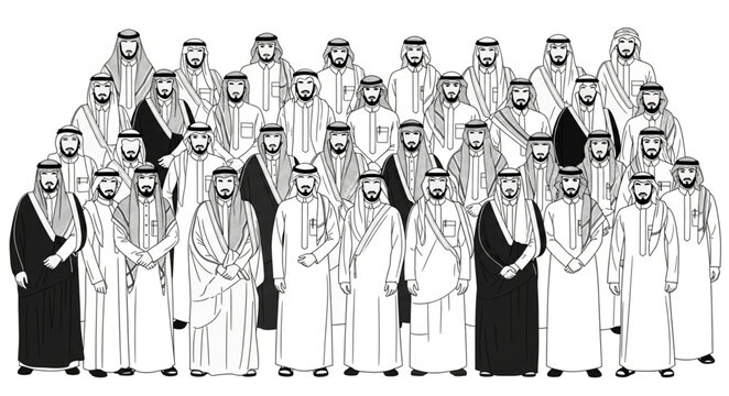 Group of Saudi Arabian men in traditional attire posing together.