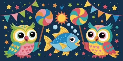 Obraz premium Cute Owl and Fish Cartoon Night Sky Kids Illustration. Cute Owl Fish Cartoon Night Festival Kids Illustration.