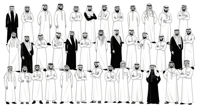 Group of Saudi Arabian men in traditional attire, standing together.