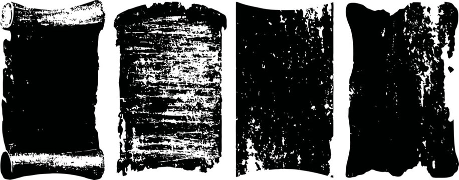 Ancient torn paper parchment scrolls with rough edges isolated on white background