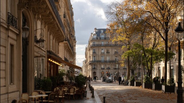 A bright autumn day in a Paris street of the 9th arrondissement, elegant Haussmann buildings lining a wide perspective
