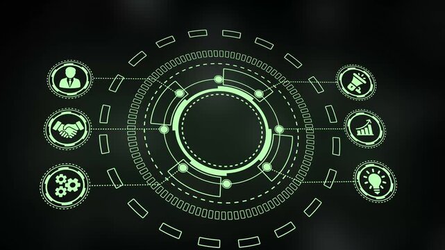 Futuristic Digital Interface with Business Icons and Circular Data Hub on Dark Background technology