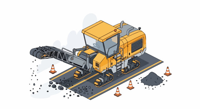 Isometric Illustration of a Yellow Heavy Duty Road Milling Machine and Asphalt Cold Planer for Pavement Construction and Maintenance
