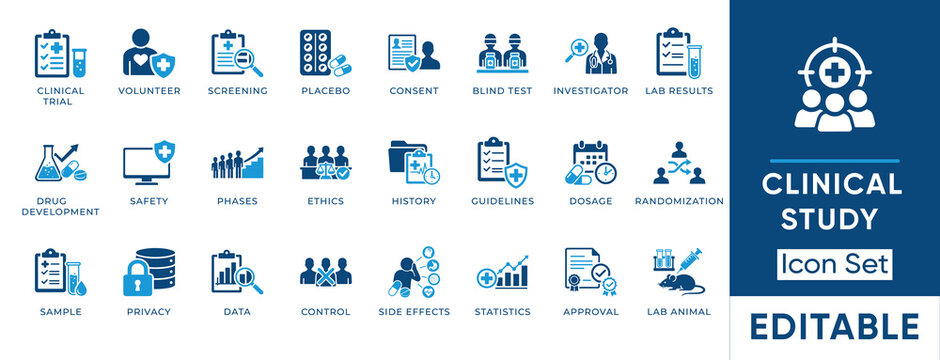 Clinical study icon set. Containing clinical trial, placebo, drug development, dosage, side effects, lab animal and more. Solid vector icons collection.