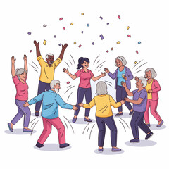 Obraz premium An energetic vector illustration of a diverse group of older adults and a therapist engaged in a lively, low-impact dance or movement session. Confetti and motion lines indicating movement. 