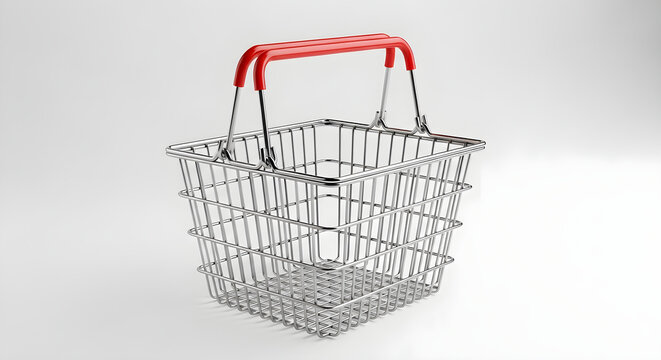 Shopping cart with red handle and metal wire frame for retail
