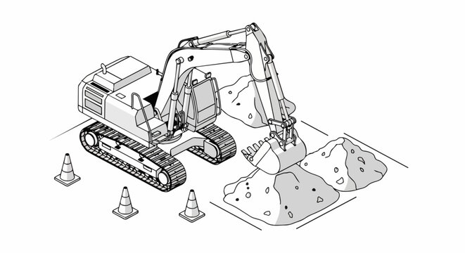 Isometric Excavator Line Art Illustration of Construction Site Equipment and Earthworks