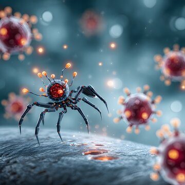 Futuristic Nanobot Spider Attacking Virus Cells, Medical Concept, Nanotechnology, Close-up