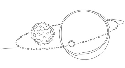 Planetary Orbit: Moon Circling Giant Planet with Ring System - Line Art © Tani