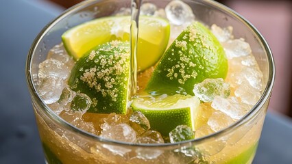 Fototapeta premium Close up of fresh lime caipirinha cocktail with sugar and crushed ice