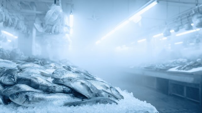 Fresh Fish Displayed on Ice at a Market With Empty Space for Banners in a Cool Blue Setting