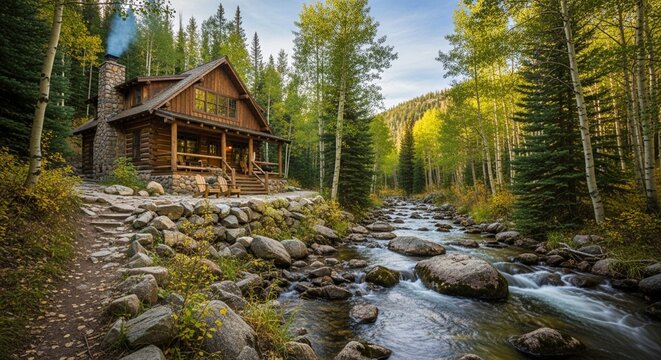 Peaceful Sunlit Wooden Lodge by Sparkling Mountain Stream