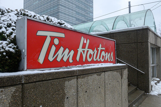 Tim Hortons Sign is Seen in Toronto, Ontario