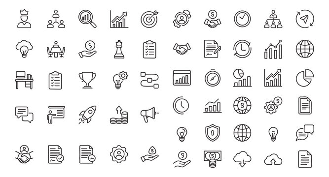 Collection of business and finance line icons set.
