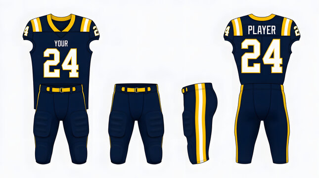 American football uniform mockup, dark blue jersey and pants with yellow trim