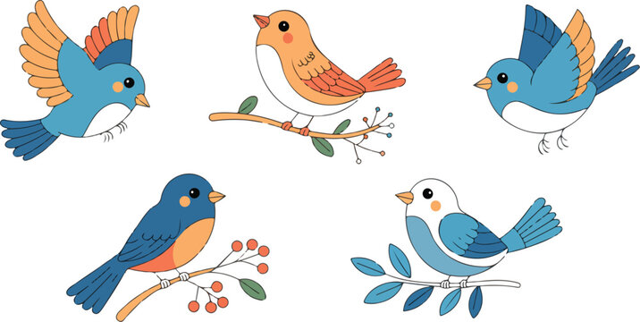 Set of cute birds sitting on branches and flying in simple children flat style, colorful cartoon bird vector collection on white background